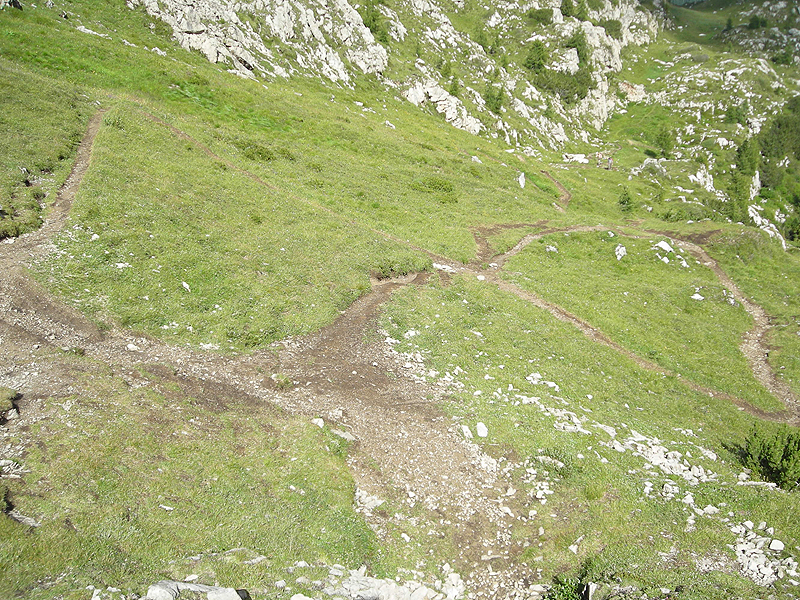 Sentieramenti confusi causati dalla grande frequentazione da e per la cima del Castellazzo
